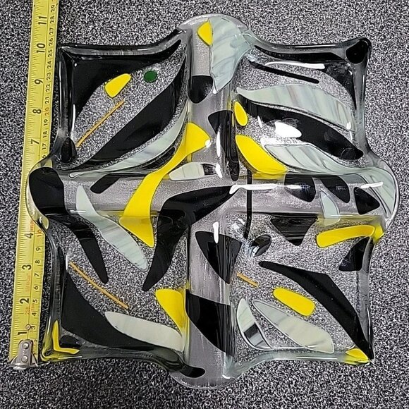 Art Glass Divided Section Dish Tray Abstract Clear Yellow Black - Picture 7 of 8